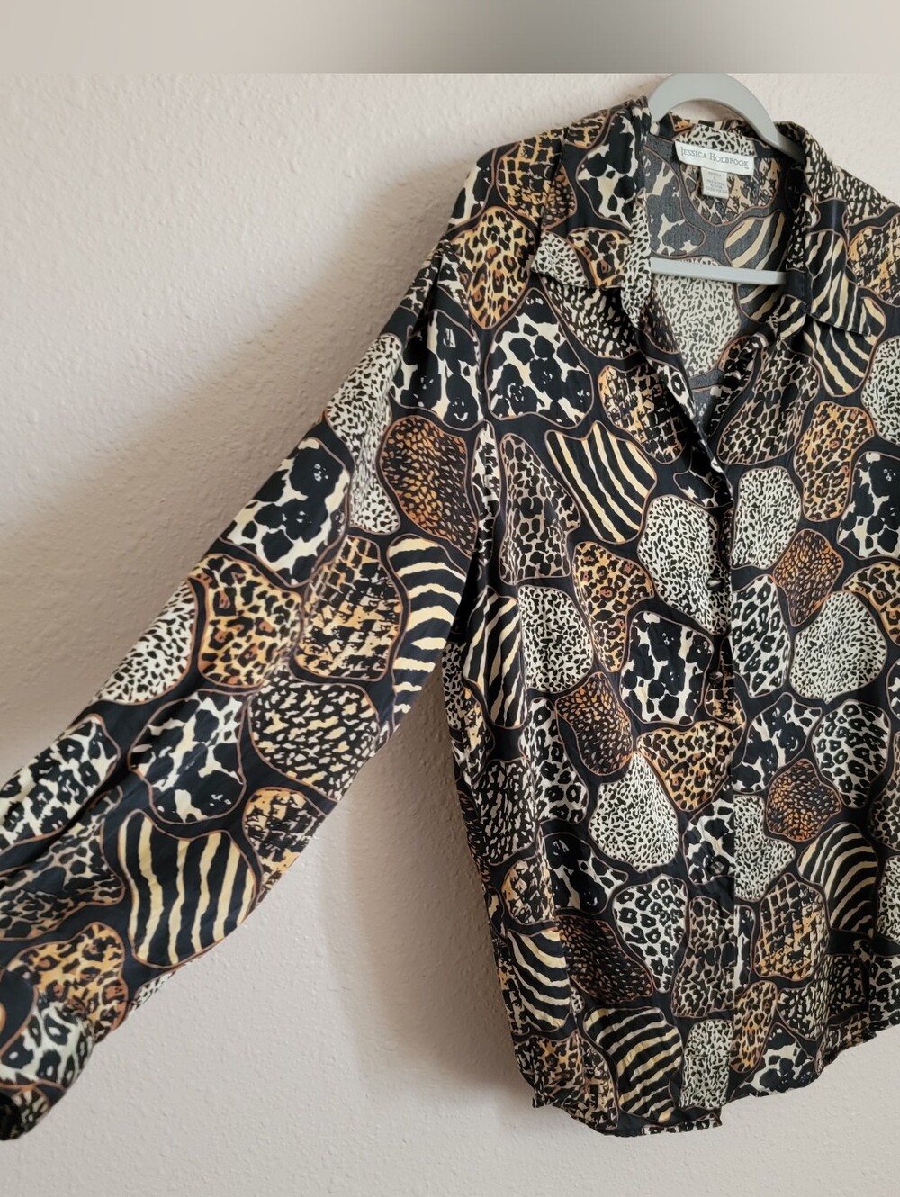 Jessica Holbrook Vintage Animal Print Brown Black Cream Tan Silk blouse 90s Chic